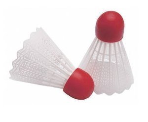 Biało-czerwone lotki do badmintona wagi ciężkiej.