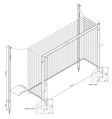 Bramka do piłki nożnej 7,32x2,44m przedłużana / tulejowa bez masztów [profil AL owalny 120x100], głębokość 2/2m, lakier. biała